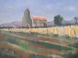 une peinture à l'huile représentant une église dans un champ, avec une clôture