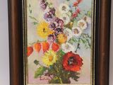 painting of a vase of flowers on a table with a white background