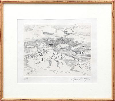 drawing of a landscape with a mountain range in the background