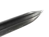 a close up of a knife on a white surface
