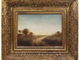 a painting of a landscape with trees and a river in the foreground