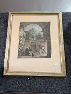 tableau encadré représentant un homme et une femme dans une cour