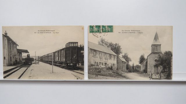 Le Mas d’Artiges Lot de 2cpa.1)La Gare. Carte rare !!! Cachet per...