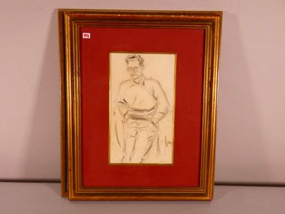 dessin encadré représentant un homme avec une canne, dans un cadre rouge