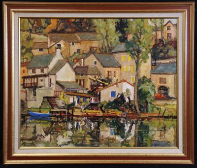 an image of a painting of a village with a horse drawn carriage