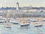 painting of boats in a harbor with a lighthouse in the background