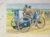a drawing of a man driving a car with a number on it
