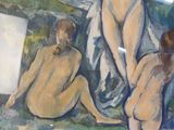 tableau représentant trois nus devant un tableau accroché au mur