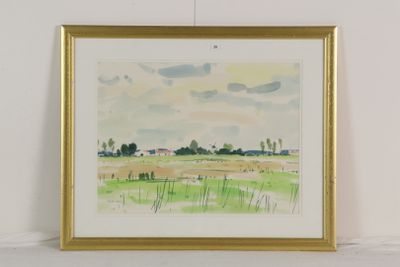 aquarelle encadrée représentant un champ avec une maison au loin