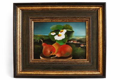 tableau représentant deux poires et une marguerite posées sur une table