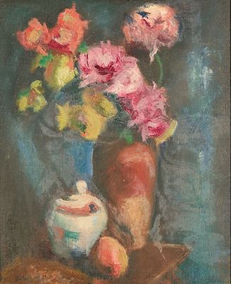 tableau représentant des fleurs dans un vase et des pêches sur une table