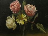 a painting of three roses in a vase on a table