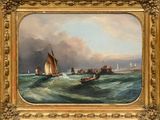 une peinture à l'huile représentant des bateaux sur un plan d'eau près d'un phare