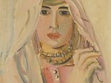 une peinture à l'huile représentant une femme portant un voile et un collier