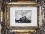 painting of a landscape in a gold frame on a wall