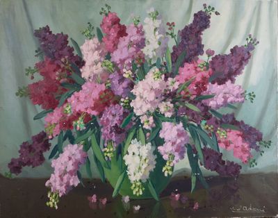 une peinture représentant un vase de fleurs sur une table