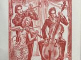 an image of a red and white drawing of a man and woman playing instruments