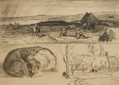 dessins représentant des personnes et des animaux dans un champ, avec une grange en arrière-plan