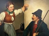 a painting of a man and a woman playing a game of pool