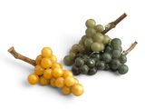 two bunches of grapes sitting on a white surface