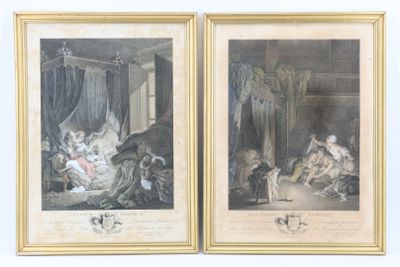 paire de gravures anciennes représentant une crèche dans une étable