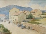 l'image d'un tableau représentant un village avec une montagne en arrière-plan
