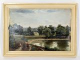 an oil painting of a landscape with a river and trees