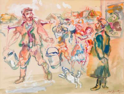 a painting of a group of people walking down the street