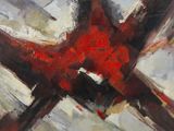 peinture abstraite représentant un oiseau rouge sur un fond blanc et noir