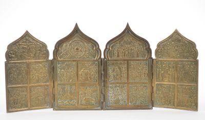 three antique brass screens with intricate designs on them on a white background