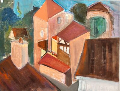 une peinture à l'huile représentant une vue d'une ville avec une église en arrière-plan