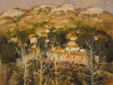 une peinture à l'huile représentant un paysage avec des arbres et des collines en arrière-plan