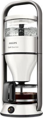 La cafetière est équipée d'un récipient en verre sur le dessus.