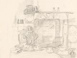 sketches of a drawing of a kitchen with a stove and a sink