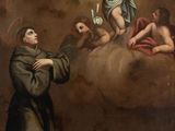 an image of a painting of a man in a monk ' s robes with angels