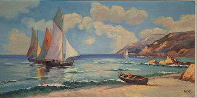 a painting of a sailboat on the beach by the water