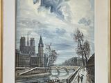 painting of a painting of a river with a bridge in the background