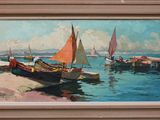 un tableau représentant des bateaux sur l'eau, près du rivage