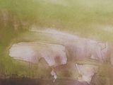 a watercolor painting of a cow laying on the ground