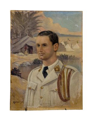 tableau représentant un homme en uniforme militaire dans un champ