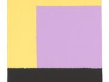 une peinture abstraite composée de carrés jaunes, violets et noirs sur fond blanc