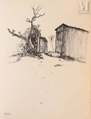 une image représentant un dessin d'un arbre devant une cabane