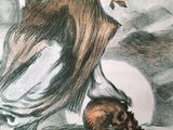 drawing of a man sitting on top of a rock next to a dead animal