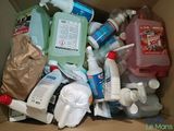 a cardboard box filled with many different types of cleaning products