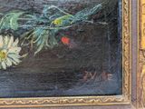 an oil painting of flowers on a black background with a gold frame