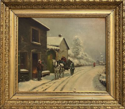 tableau représentant deux chevaux tirant une calèche sur une route enneigée
