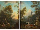 two paintings of a landscape with figures and animals in the foreground