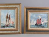 two framed paintings of sailboats on the water with clouds