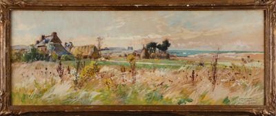une peinture à l'huile d'un champ avec une maison au loin