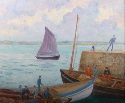 une peinture représentant un groupe de personnes sur un quai